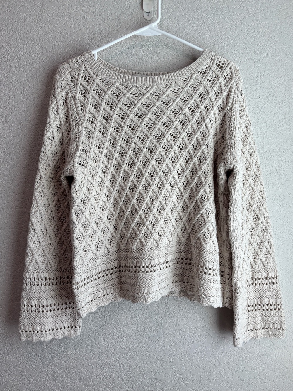 LOFT Pointelle Open Knit Sweater Cream Beige Women’s Size Large